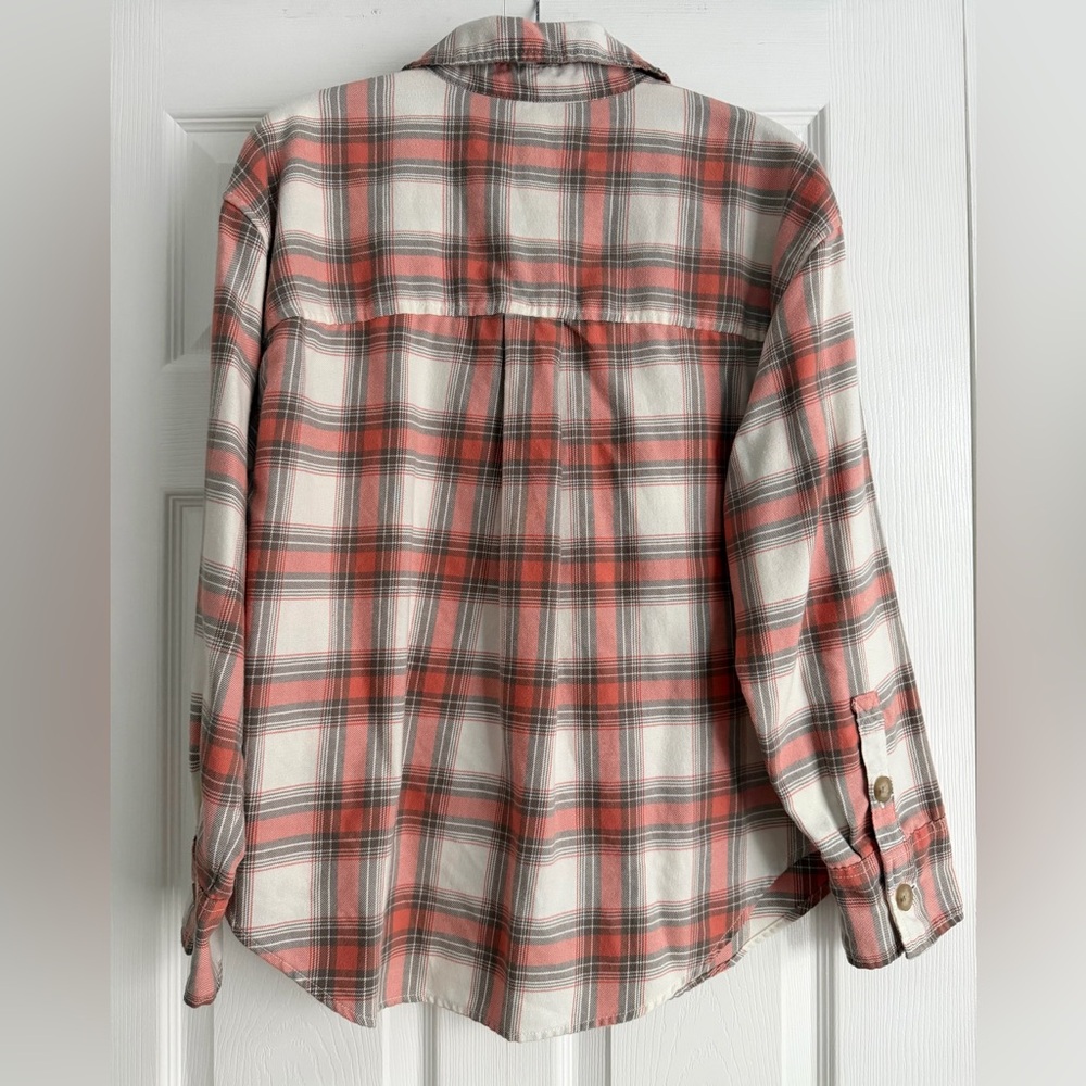 AE Plaid Button-Up Cotton Shirt Khaki & Coral Size Small - Picture 10 of 11